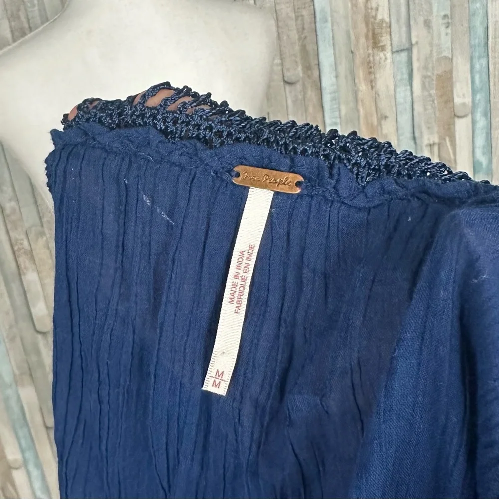Free People M Navy Blue Gauze‎ Crochet Lace Bib Early Frost Top Blouse Boho